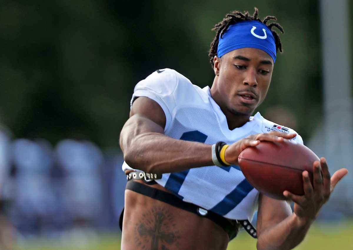 Colts' Wide Receiver Mike Strachan catches a pass during Colts training camp practice Tuesday, Aug. 3, 2021 at Grand Park in Westfield. Colts Training Camp