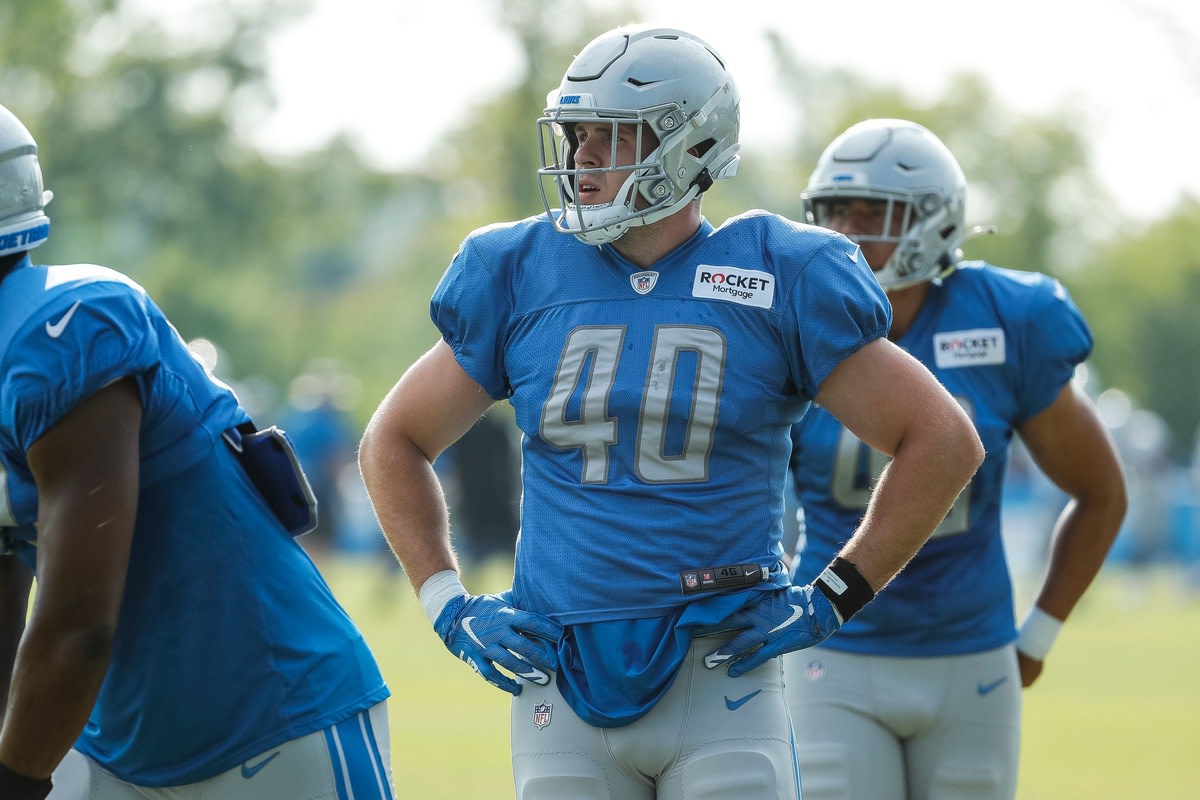 Detroit Lions tight end Jake Hausmann (40) during training camp at the team's practice facility in Allen Park, Friday, Aug. 6, 2021.