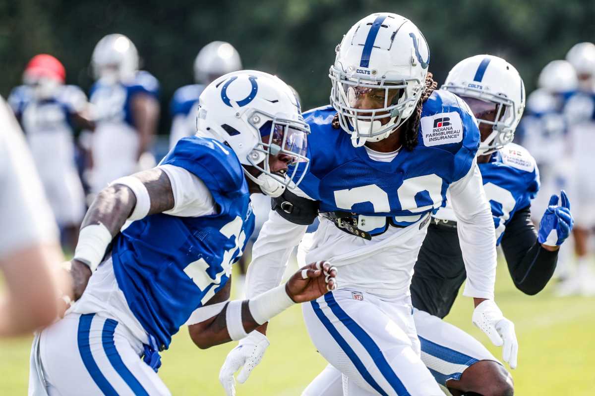 The Indianapolis Colts cornerbck Marvell Tell (39) and cornerback Holton Hill (35) run a play during Colts Camp on Sunday, August 8, 2021, at Grand Park in Westfield, Ind.