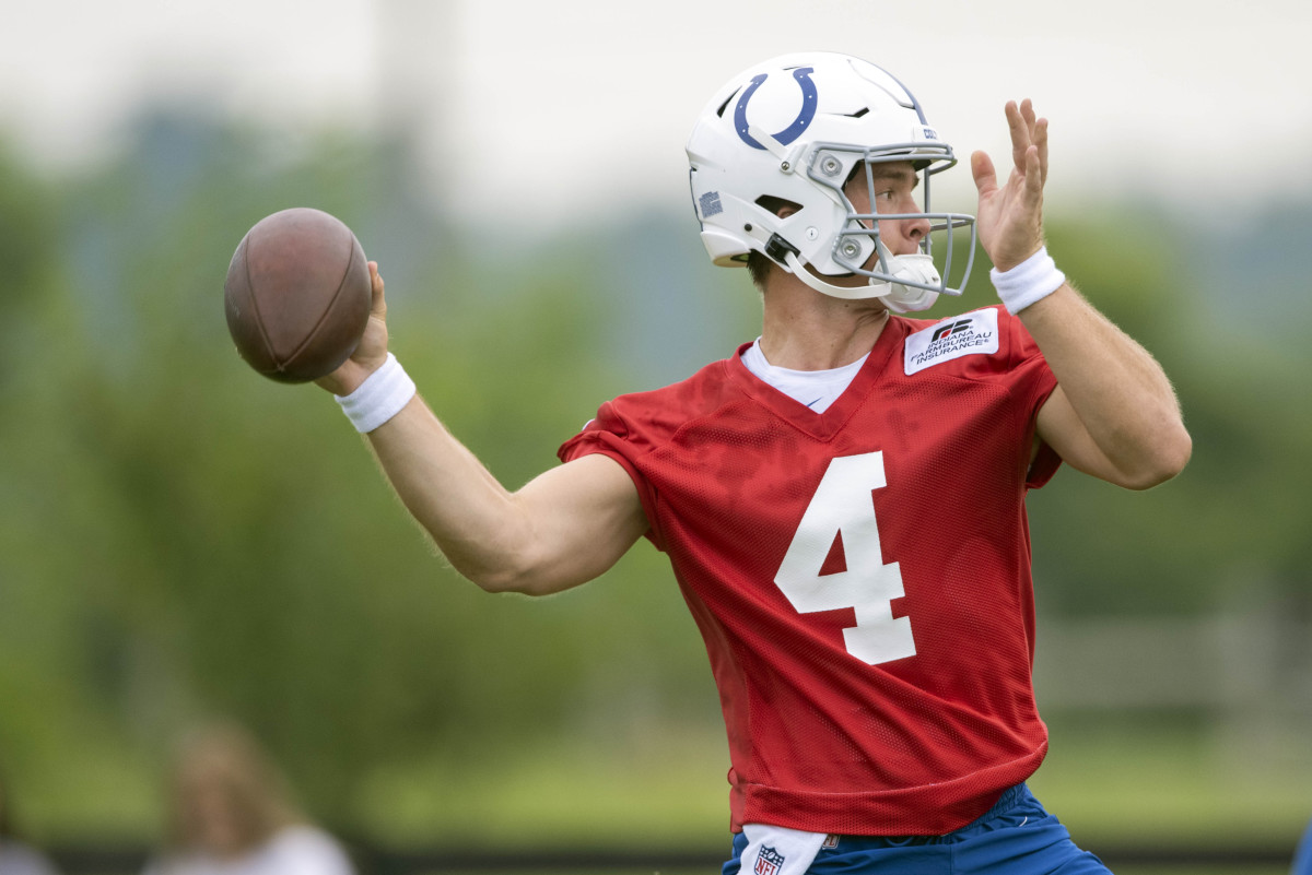 Jul 28, 2021; Westfield, IN, United States; Indianapolis Colts quarterback Sam Ehlinger (4) at Grand Park.