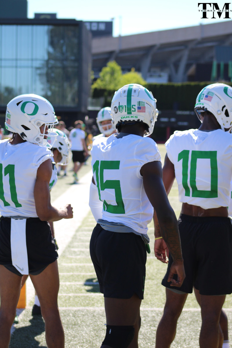 Franklin (11), Brevard (15) and Thornton (10) at fall camp in Eugene.