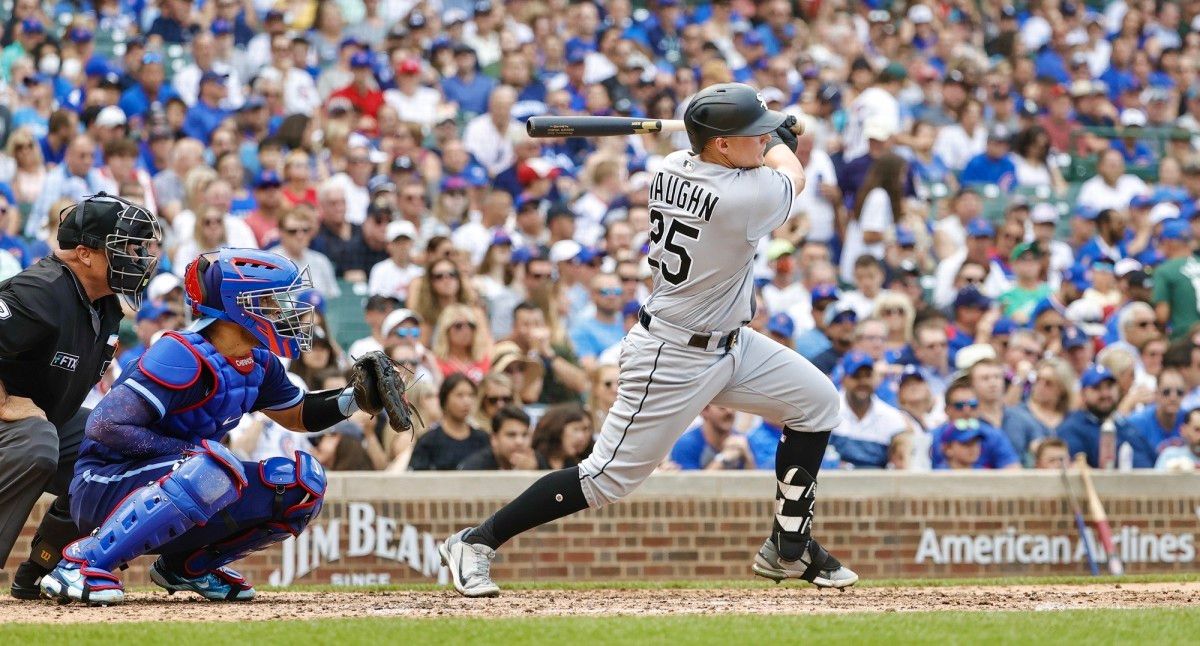 Andrew Vaughn slaps a single at Wrigley Field