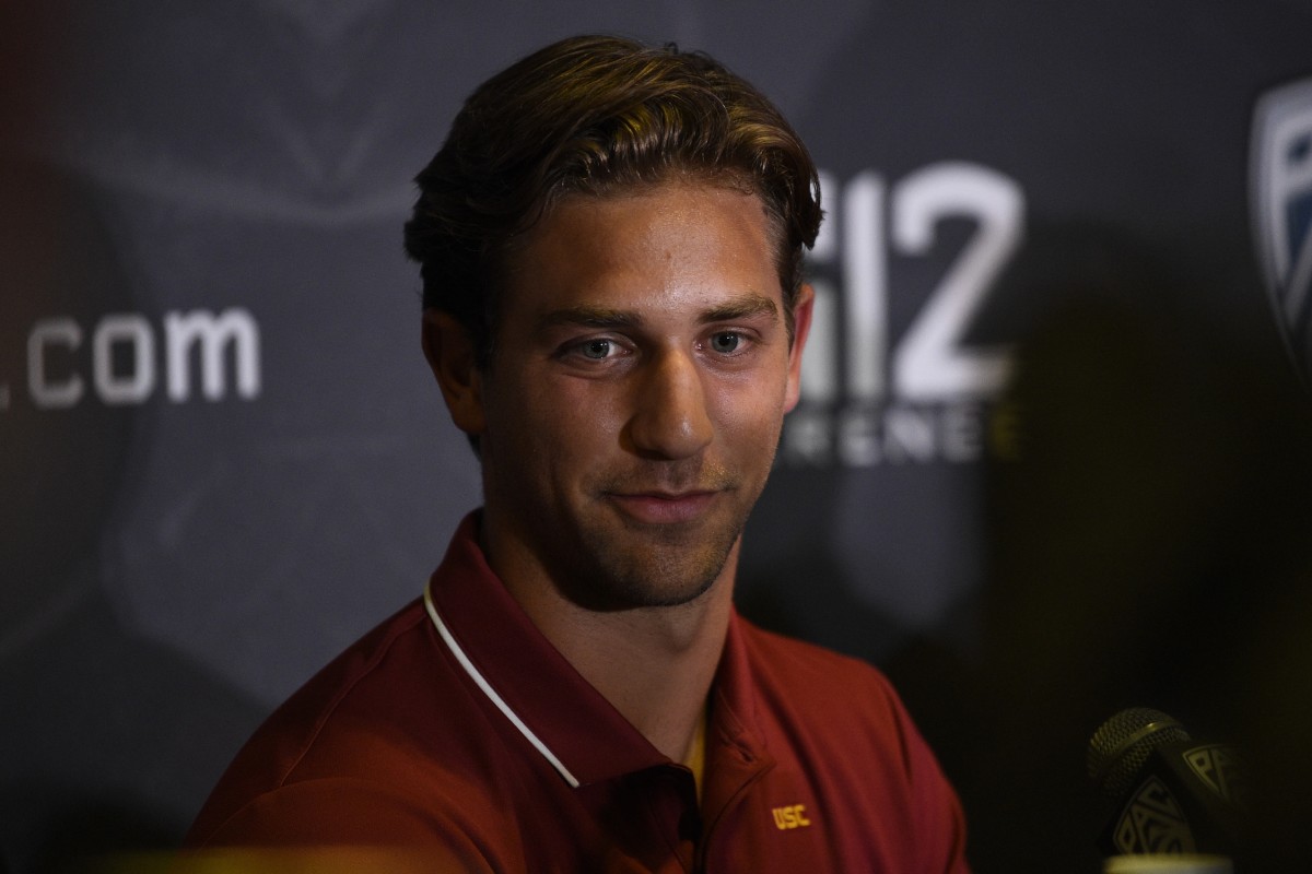 Jul 27, 2021; Hollywood, CA, USA; Southern California Trojans quarterback Kedon Slovis speaks with the media during the Pac-12 football Media Day at the W Hollywood.