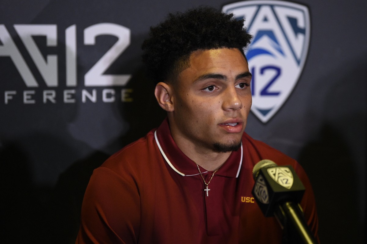 Jul 27, 2021; Hollywood, CA, USA; Southern California Trojans wide receiver Drake London speaks with the media during the Pac-12 football Media Day at the W Hollywood.
