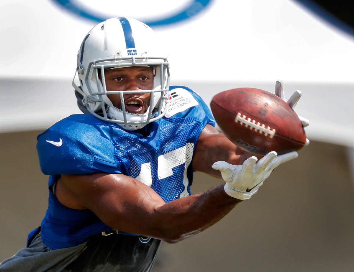 Indianapolis Colts tight end Gabe Holmes (47) during their preseason training camp practice at Grand Park in Westfield on Monday, August 5, 2019.