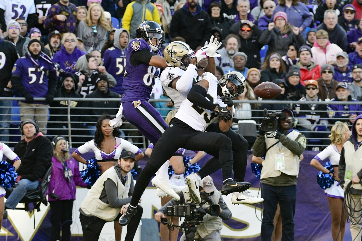 New Orleans Saints cornerback Marshon Lattimore (23) breaks up a pass against the Baltimore Ravens. Mandatory Credit: Tommy Gilligan-USA TODAY Sports