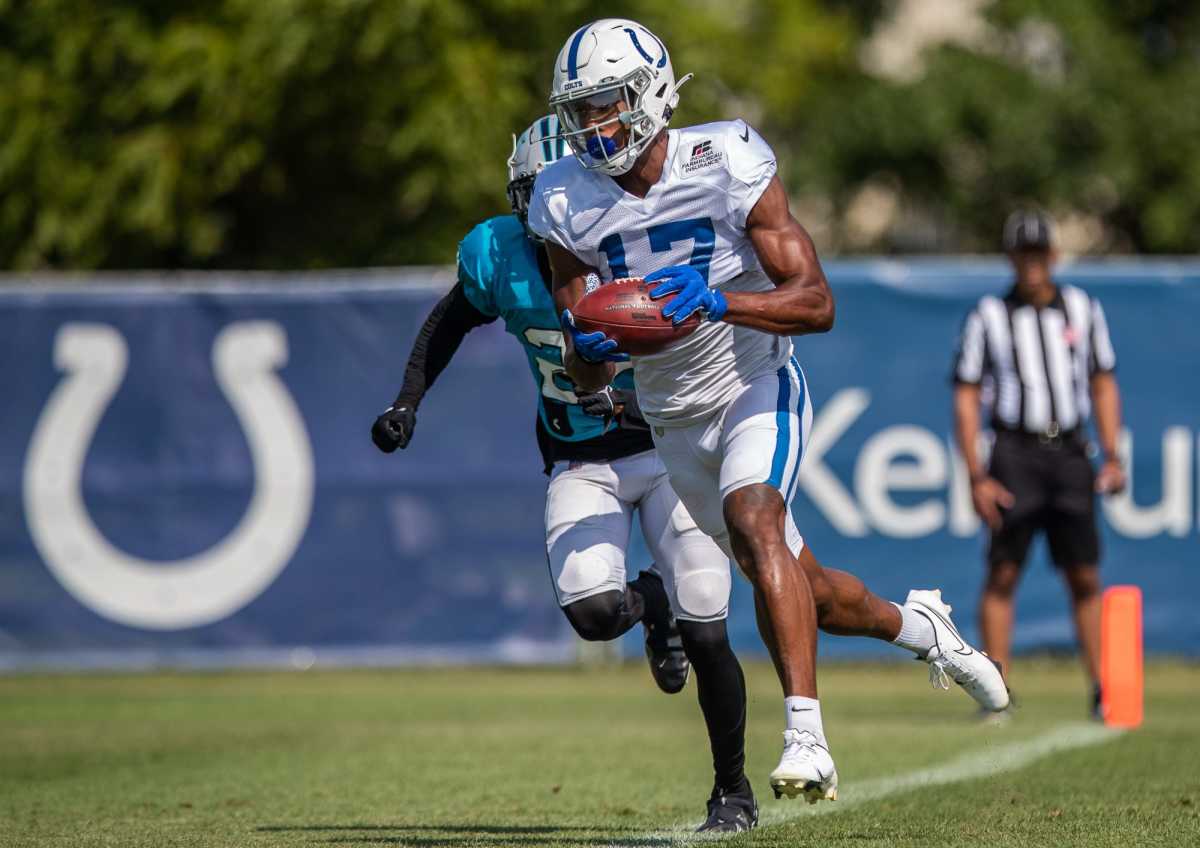 Indianapolis Colts wide receiver Mike Strachan (17) grabs an easy catch for a touchdown Friday, Aug. 13, 2021, during a joint practice with the Carolina Panthers. Indianapolis Colts Host Carolina Panthers At Grand Park In Westfield Ind