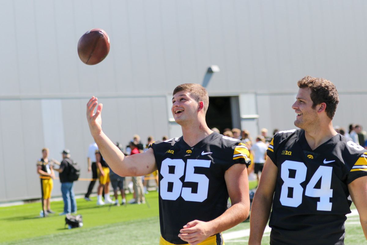 Luke Lachey (left) and Sam LaPorta pose for picture during Iowa's media day on Aug. 13, 2021 in Iowa City.
