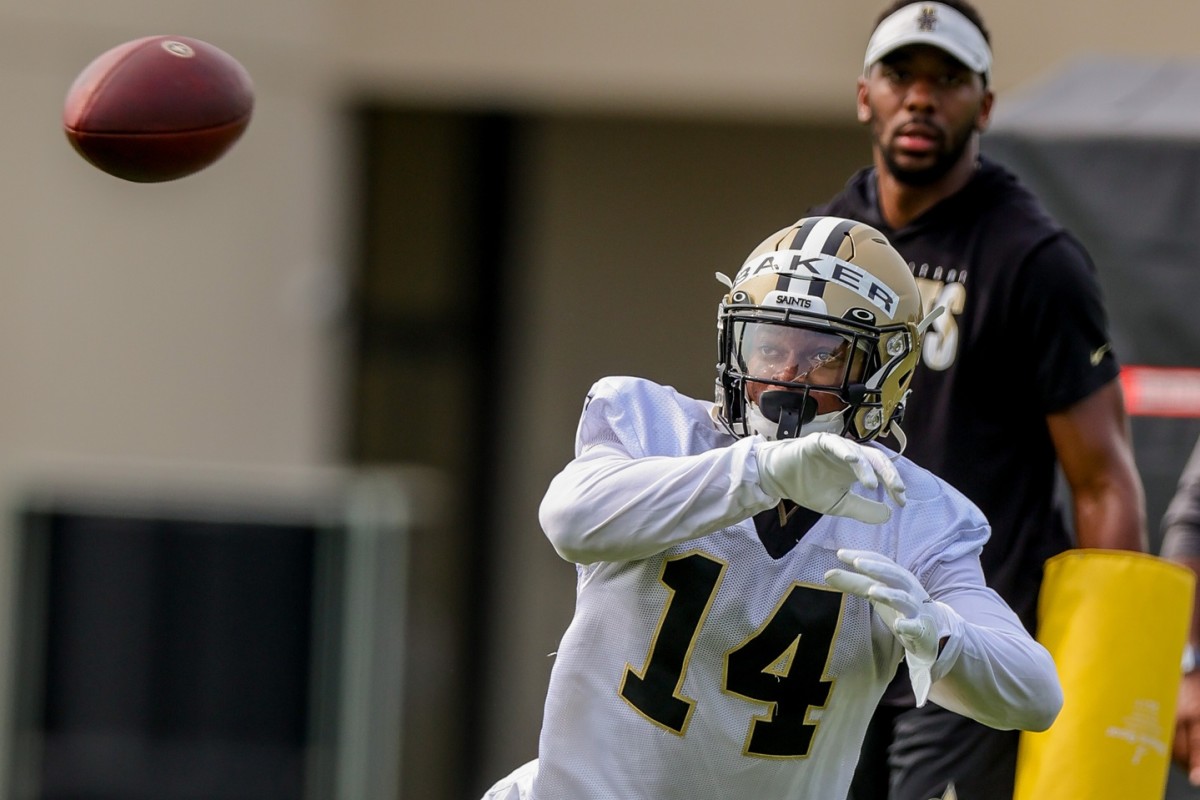 New Orleans Saints receiver Kawaan Baker (14) performs drills during a training camp session. Mandatory Credit: Stephen Lew-USA TODAY Sports