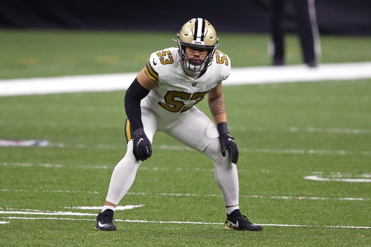 New Orleans Saints linebacker Zack Baun (53) on the kickoff return team. Mandatory Credit: Chuck Cook-USA TODAY 