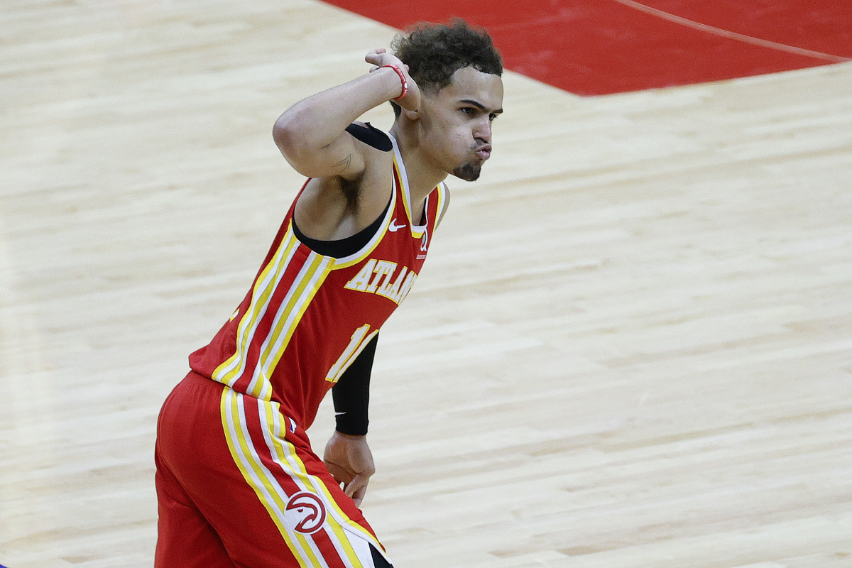 Trae Young Celebrating During Playoff Victory Against Philadelphia 76ers
