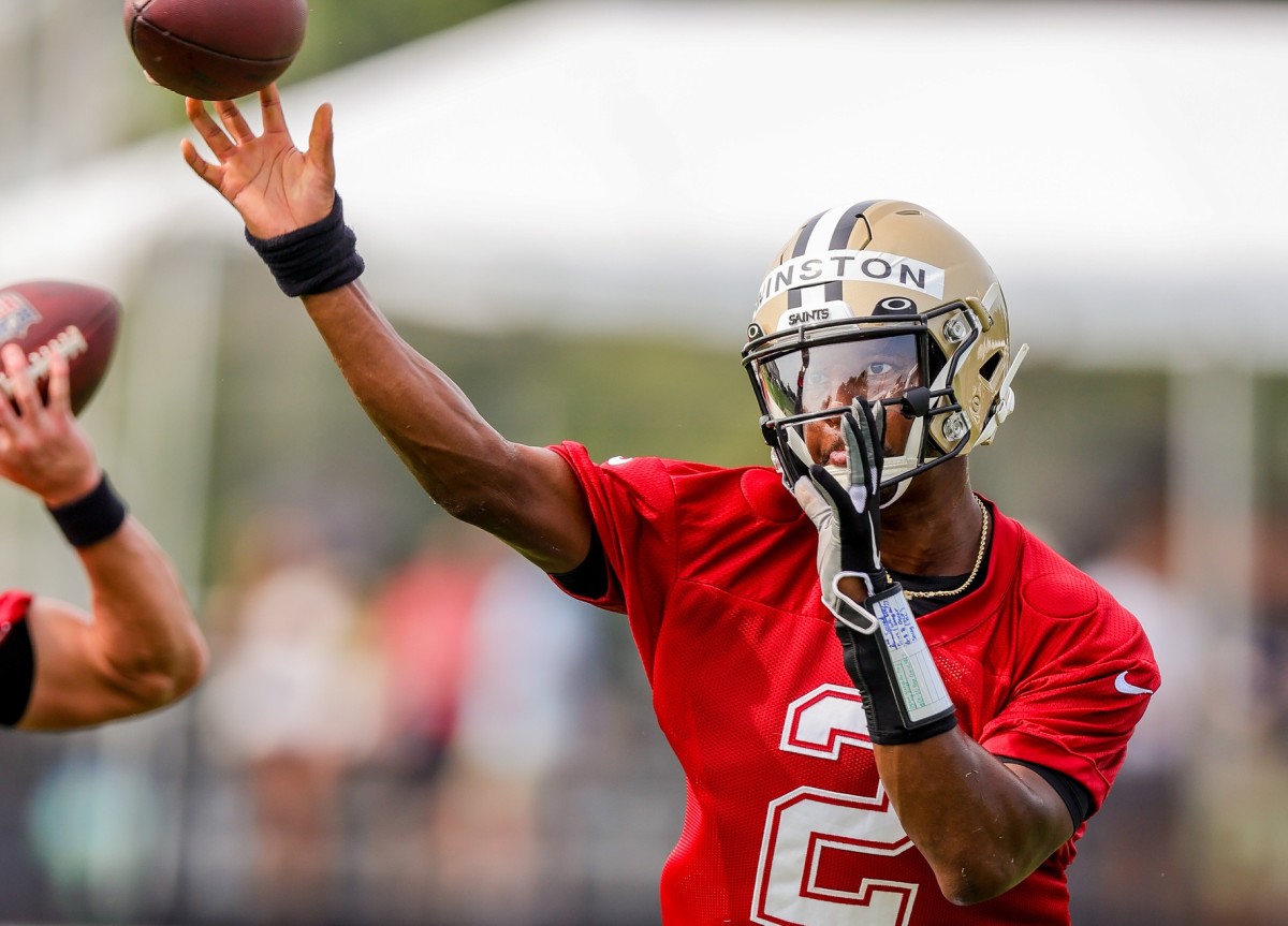 New Orleans Saints quarterback Jameis Winston (2) Throws during a training camp session. Mandatory Credit: Stephen Lew-USA TODAY Sports