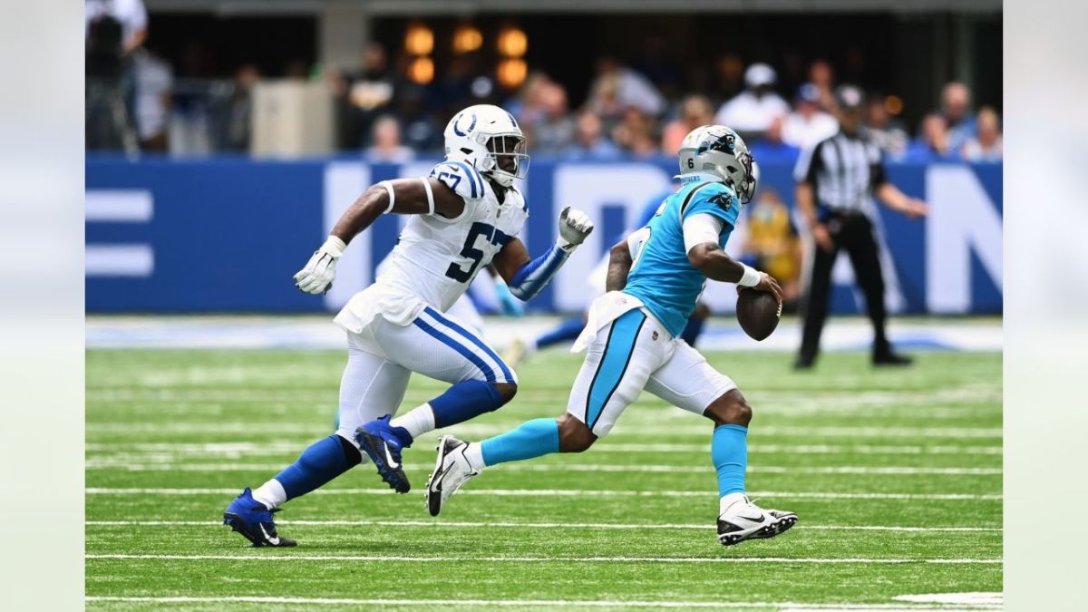 Indianapolis Colts defensive end Kemoko Turay chases down Carolina Panthers quarterback P.J. Walker.