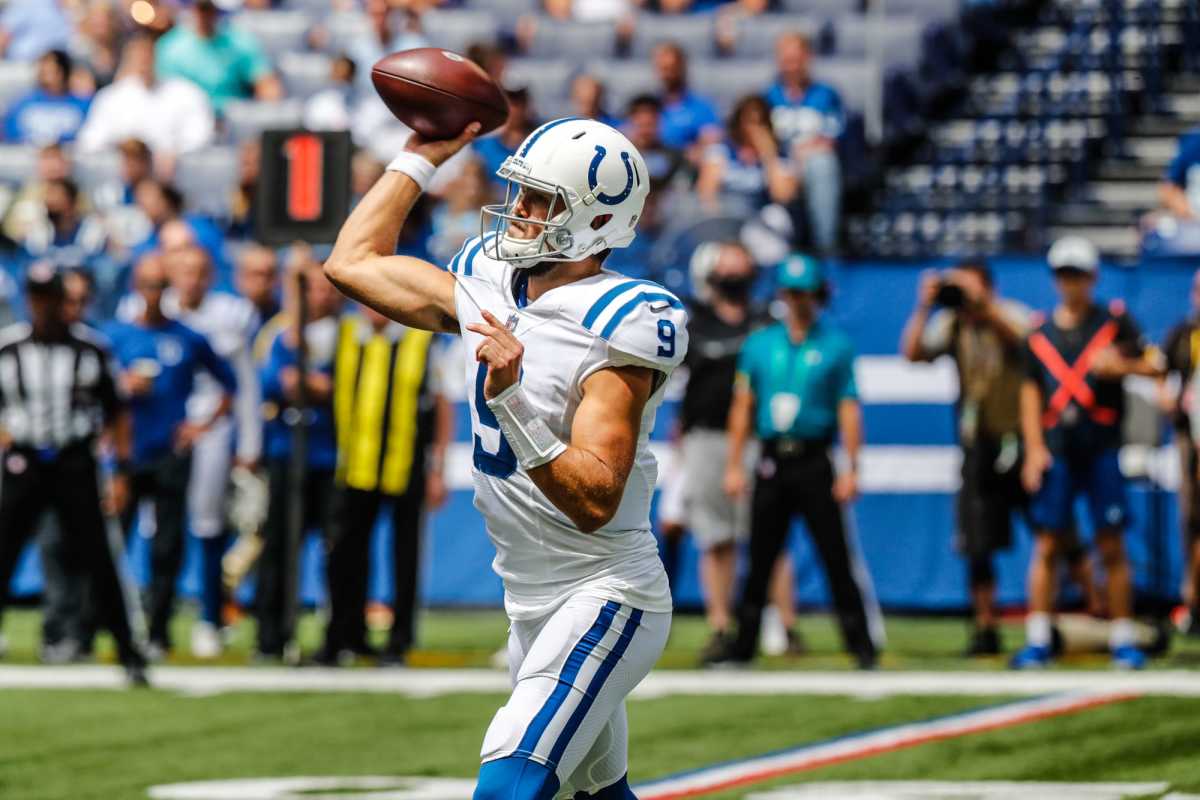 Indianapolis Colts quarterback Jacob Eason (9) throws the ball on Sunday, Aug. 15, 2021, during a pre-season game between the Indianapolis Colts and the Carolina Panthers at Lucas Oil Stadium in Indianapolis. Finals 8