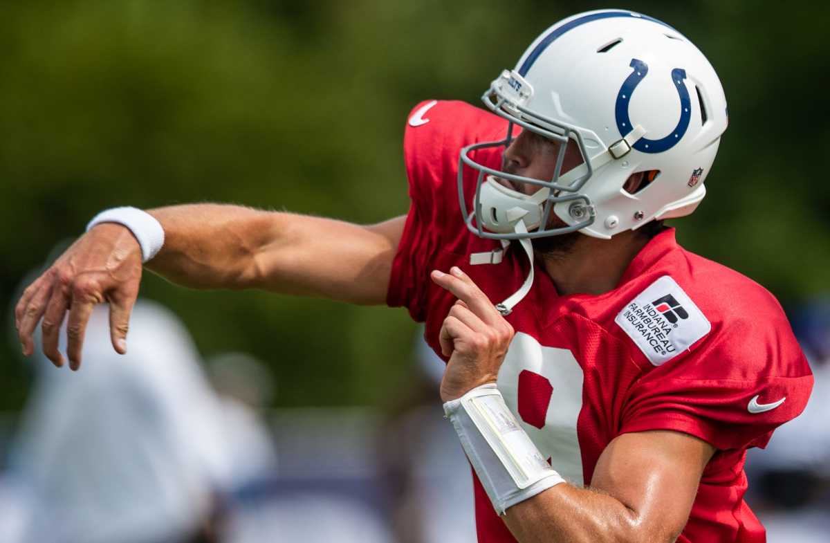 Indianapolis Colts quarterback Jacob Eason (9) delivers a pass Friday, Aug. 13, 2021, during a joint practice with the Carolina Panthers. Indianapolis Colts Host Carolina Panthers At Grand Park In Westfield Ind