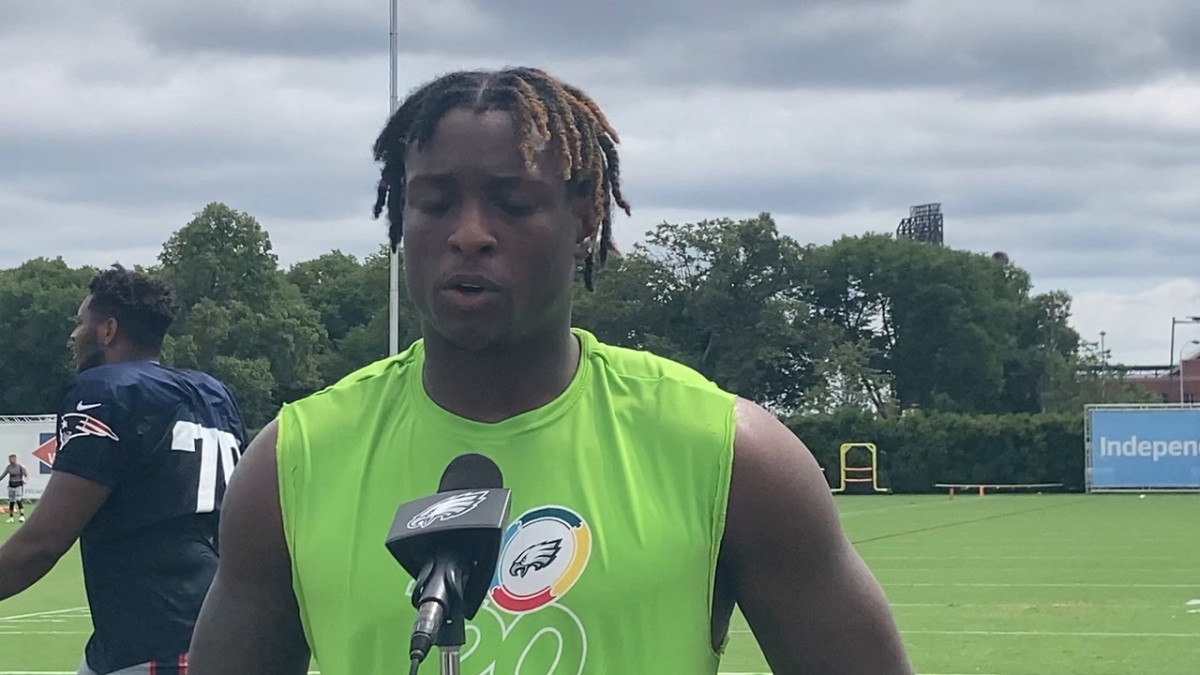 Safety K'Von Wallace addresses media after Eagles-Patriots practice on Aug. 17, 2021