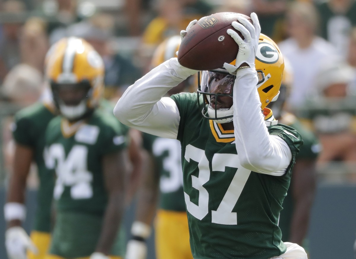 July 29, 2021; Green Bay, WI, USA; Green Bay Packers cornerback Josh Jackson (37) participates in training camp Thursday, July 29, 2021, in Green Bay, Wis.