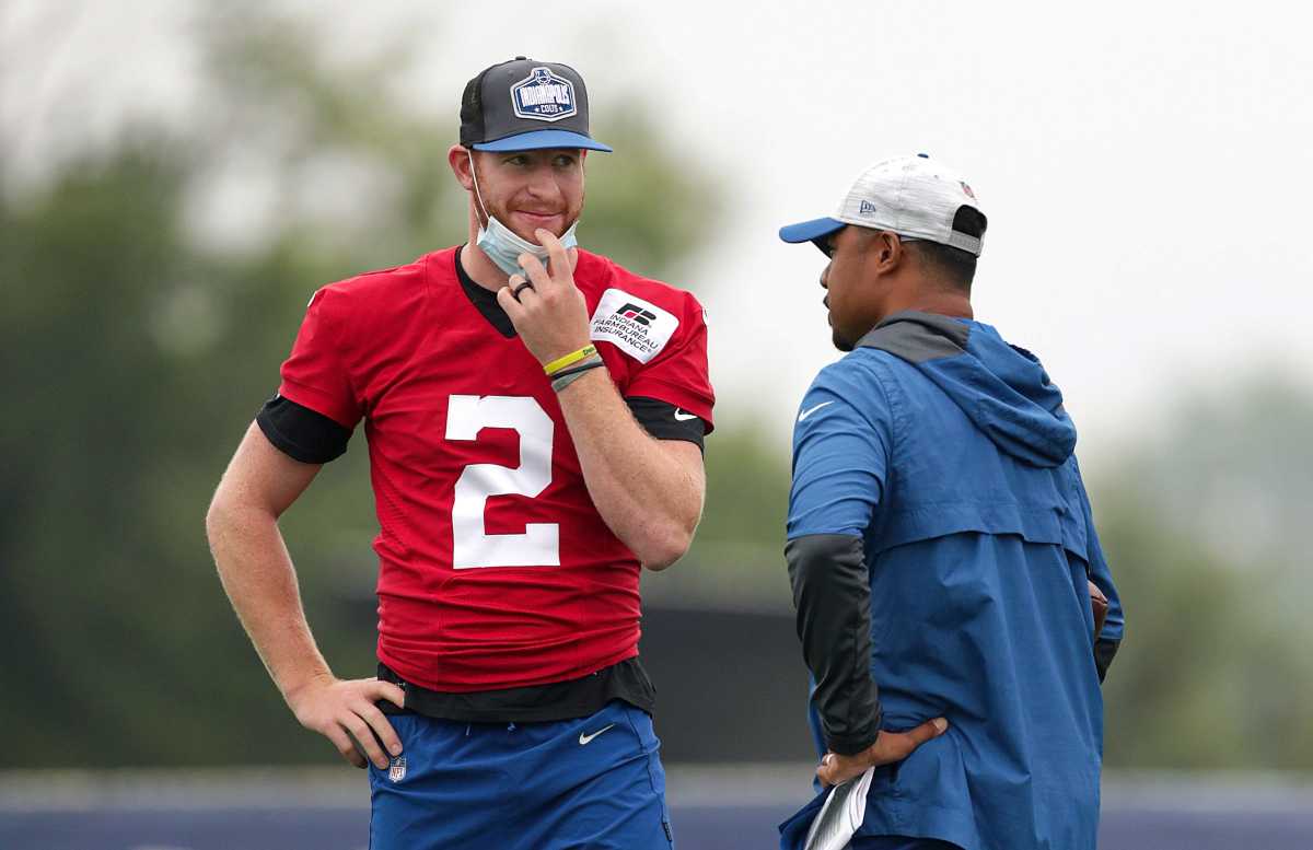 Indianapolis Colts quarterback Carson Wentz (2) took the field to observe practice Tuesday, Aug. 17, 2021, during training camp at Grand Park in Westfield, Ind. Indianapolis Colts Training Camp At Grand Park In Westfield Indiana Tuesday Aug 17 2021