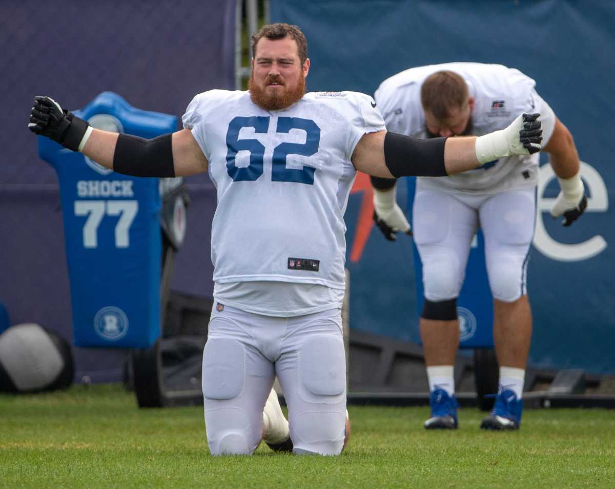 Indianapolis Colts offensive guard Chris Reed (62) limbers up during the day's Colts camp practice at Grand Park in Westfield on Wednesday, Aug. 18, 2021. Colts Camp
