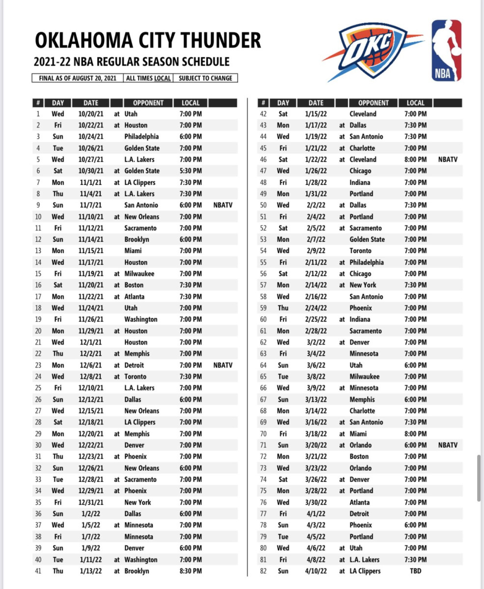 Oklahoma City Thunder, Schedule