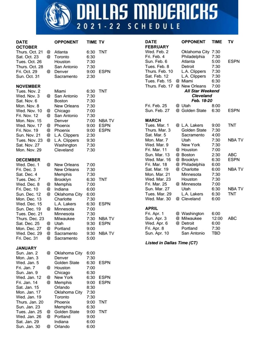 Dallas Mavericks Printable Schedule - Printable World Holiday