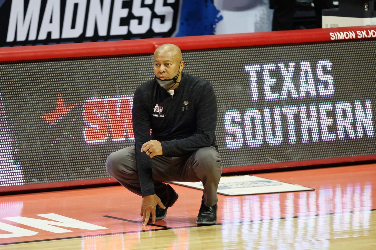 Mar 18, 2021; Bloomington, Indiana, USA; Texas Southern Tigers head coach Johnny Jones looks on during the second half against the Mount St. Mary's Mountaineers in the First Four of the 2021 NCAA Tournament at Simon Skjodt Assembly Hall. The Texas Southern Tigers won 60-52. Mandatory Credit: Trevor Ruszkowski-USA TODAY Sports
