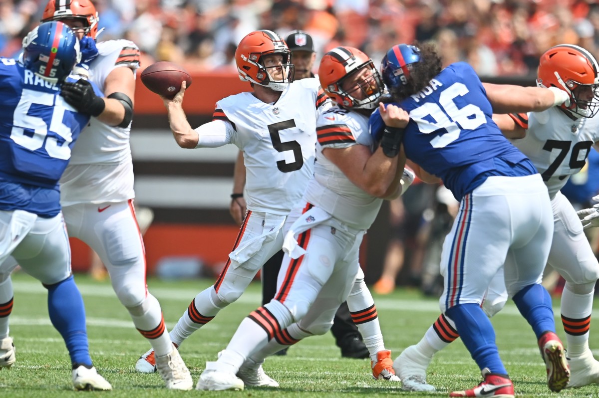 Aug 22, 2021; Cleveland, Ohio, USA; Cleveland Browns quarterback Case Keenum (5) throws a pass during the first half against the New York Giants at FirstEnergy Stadium.