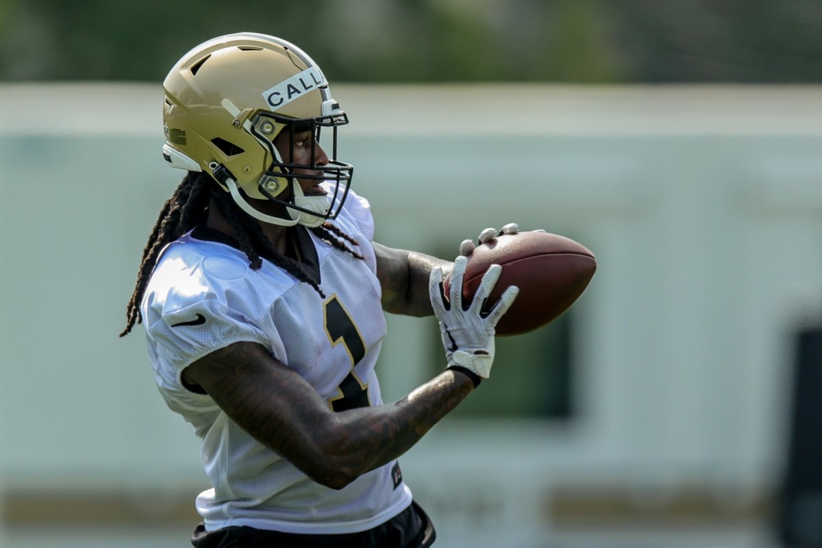 New Orleans Saints wide receiver Marquez Callaway (1) performs receiver drills during a training camp session. Mandatory Credit: Stephen Lew-USA TODAY Sports