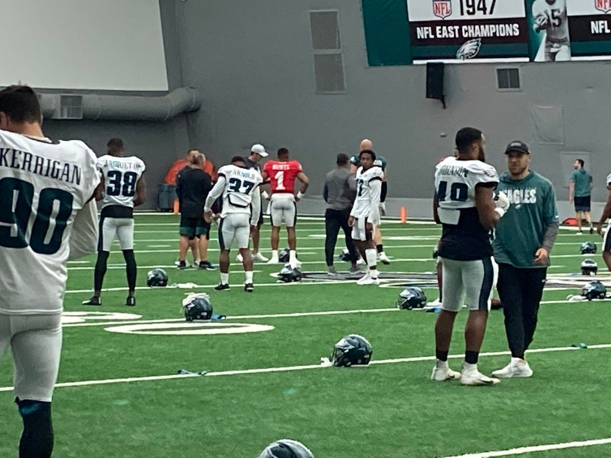 Eagles QB Jalen Hurts and his teammates practiced indoors on Aug. 22, 2021