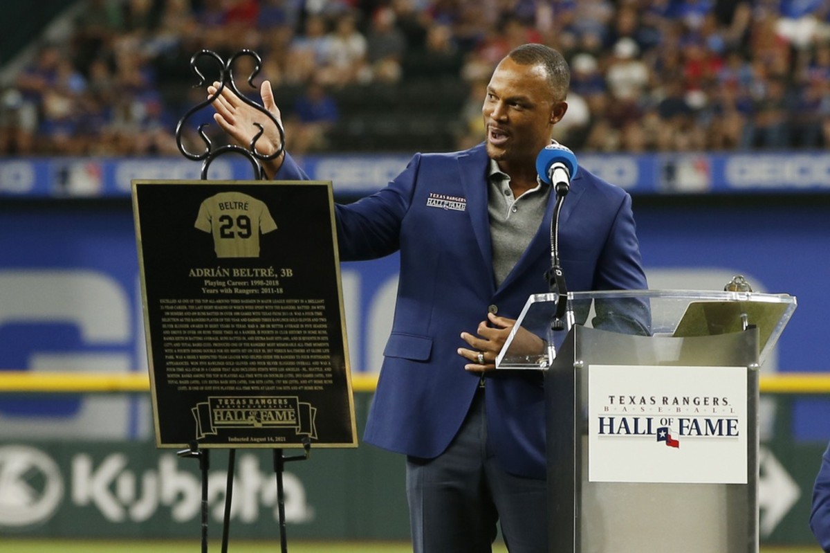 Aug 14, 2021; Arlington, Texas, USA; Former Texas Rangers third baseman Adrian Beltre gives a speech after being inducted into the Texas Rangers Baseball Hall of Fame before the game against the Oakland Athletics at Globe Life Field.