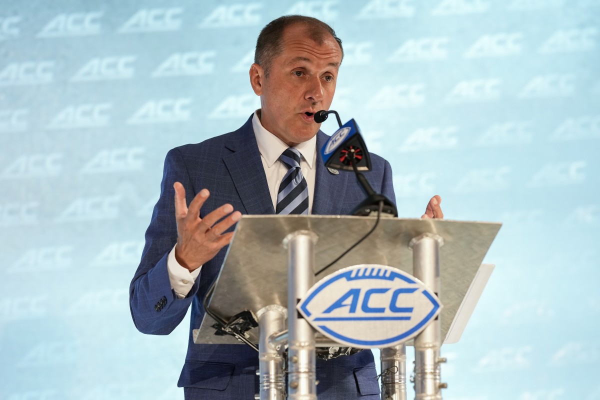 Jul 21, 2021; Charlotte, NC, USA; ACC commissioner Jim Phillips speaks to the media during the ACC Kickoff at The Westin Charlotte.