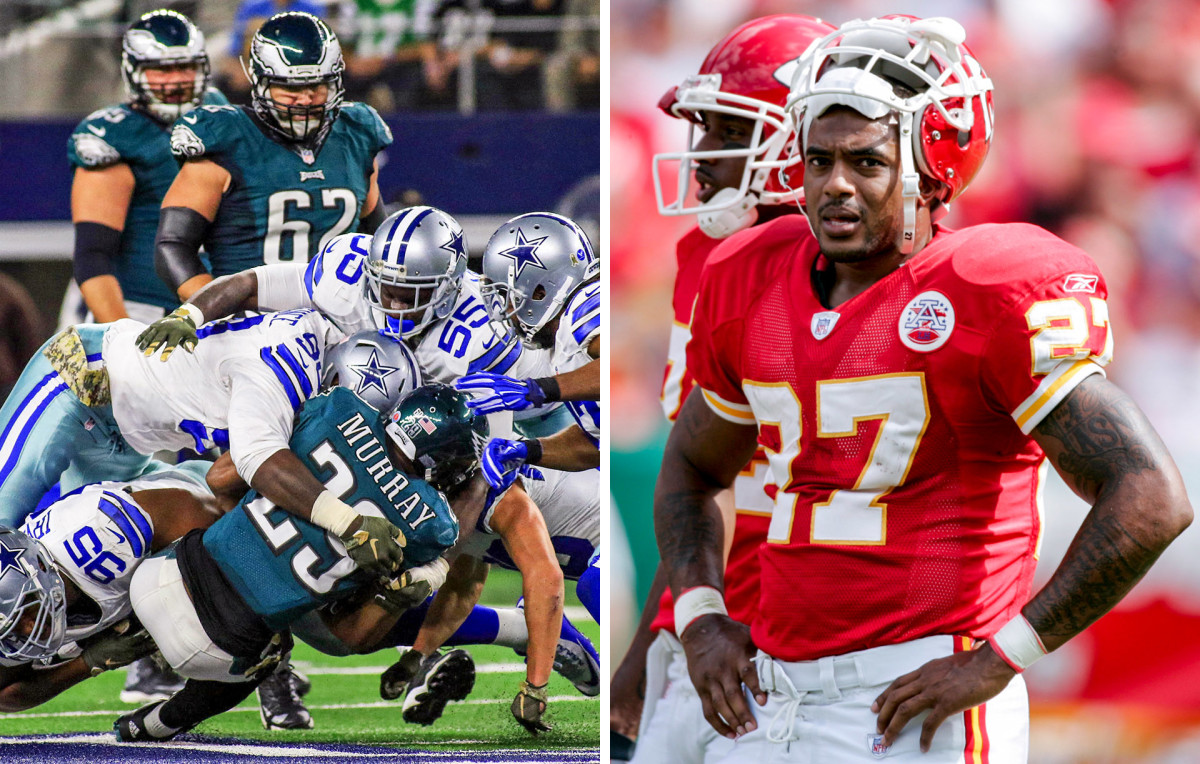 DeMarco Murray getting swarmed by defenders during his one season with the Eagles, and Larry Johnson looking on with his hands on his hips during a warmup with the Chiefs