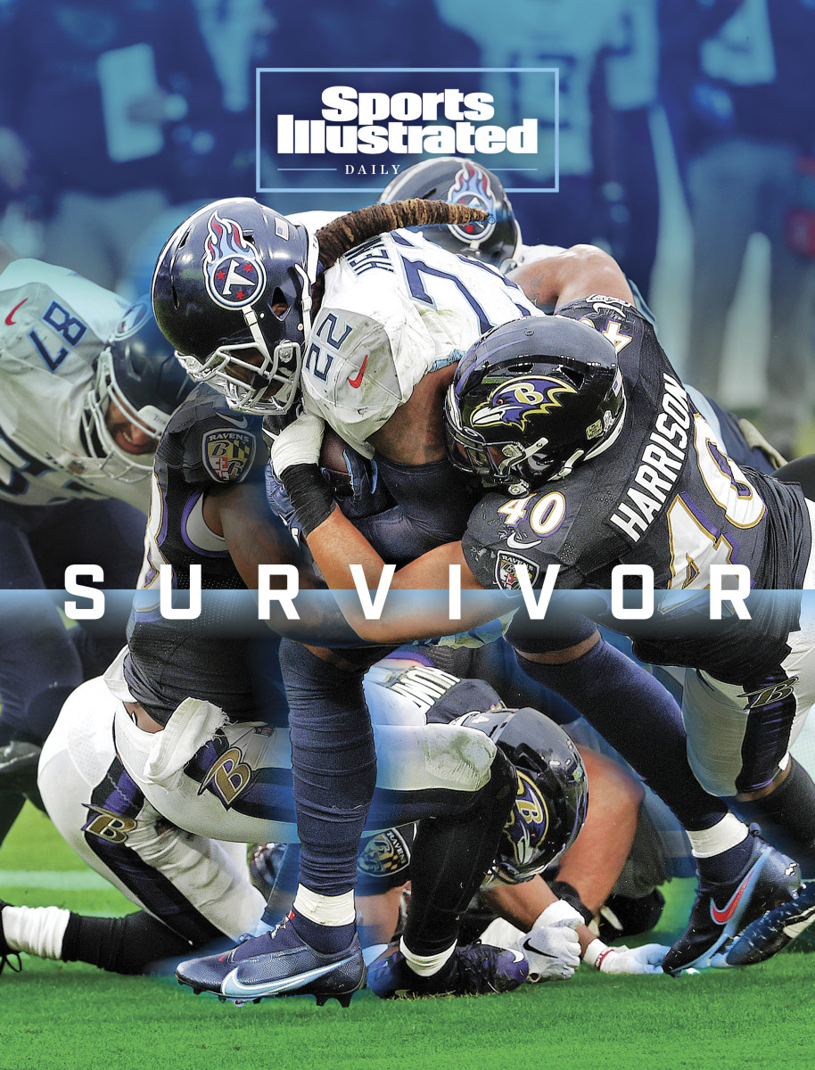 Derrick Henry runs through Ravens defenders on SI Daily Cover