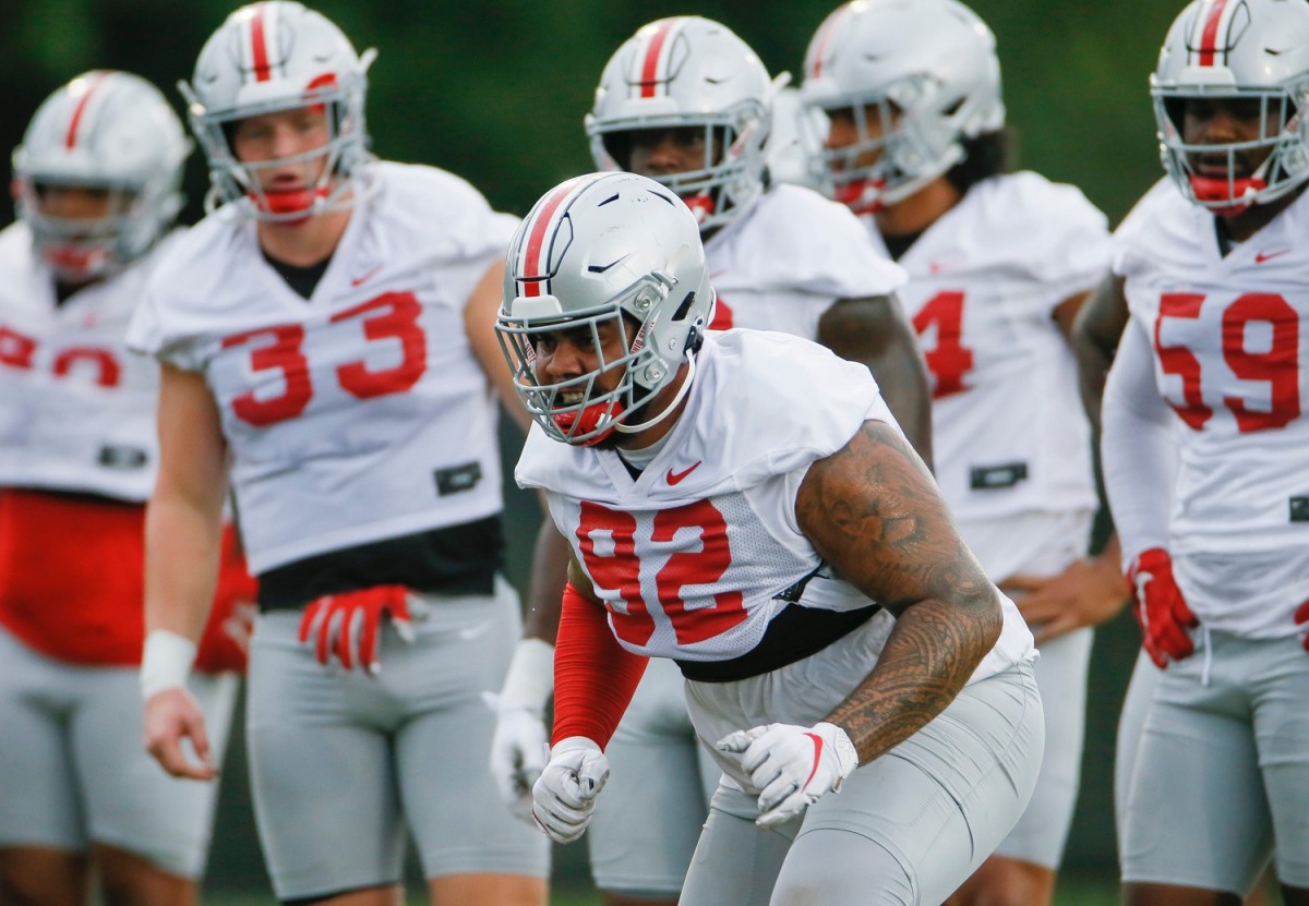 Ohio State Buckeyes defensive tackle Haskell Garrett (92) practices during football training camp at the Woody Hayes Athletic Center in Columbus on Wednesday, Aug. 18, 2021.