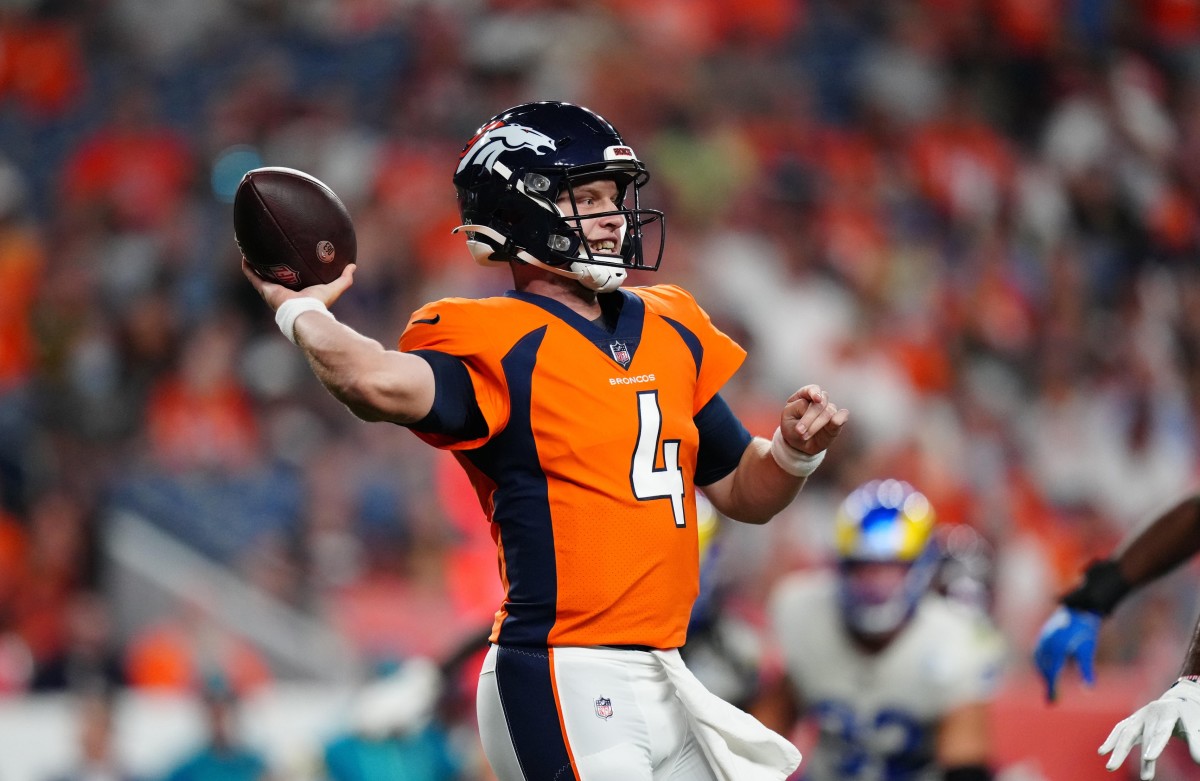 Denver Broncos quarterback Brett Rypien (4) passes the ball in the second half against the Los Angeles Rams during a preseason game at Empower Field at Mile High.