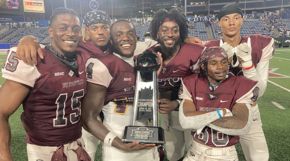 North Carolina Central players celebrate their victory over Alcorn State.