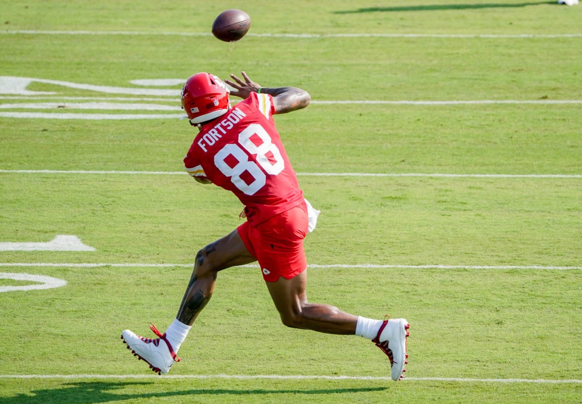 Jul 28, 2021; St. Joseph, MO, United States; Kansas City Chiefs wide receiver Jody Fortson (88) catches a pass during training camp at Missouri Western State University. Mandatory Credit: Denny Medley-USA TODAY Sports