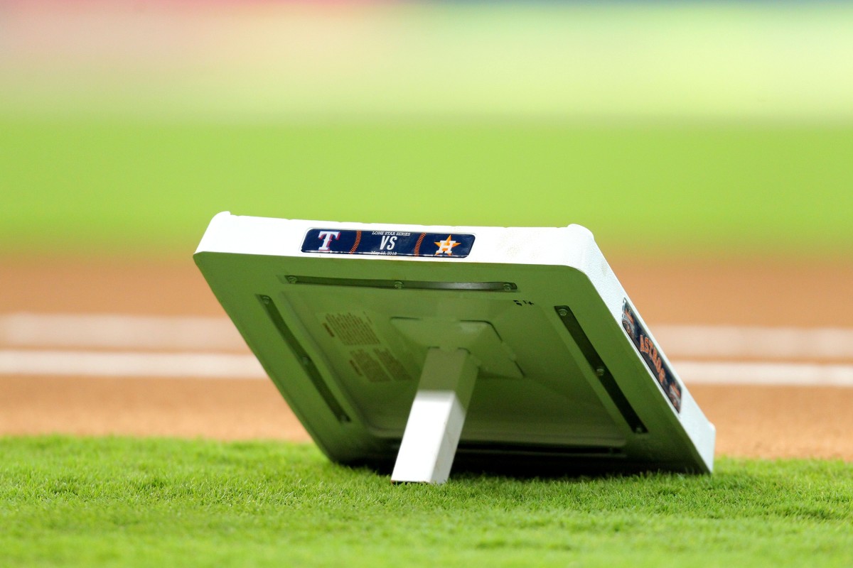 May 12, 2018; Houston, TX, USA; A commemorative base rests on the infield prior to a game between the Houston Astros and the Texas Rangers at Minute Maid Park.