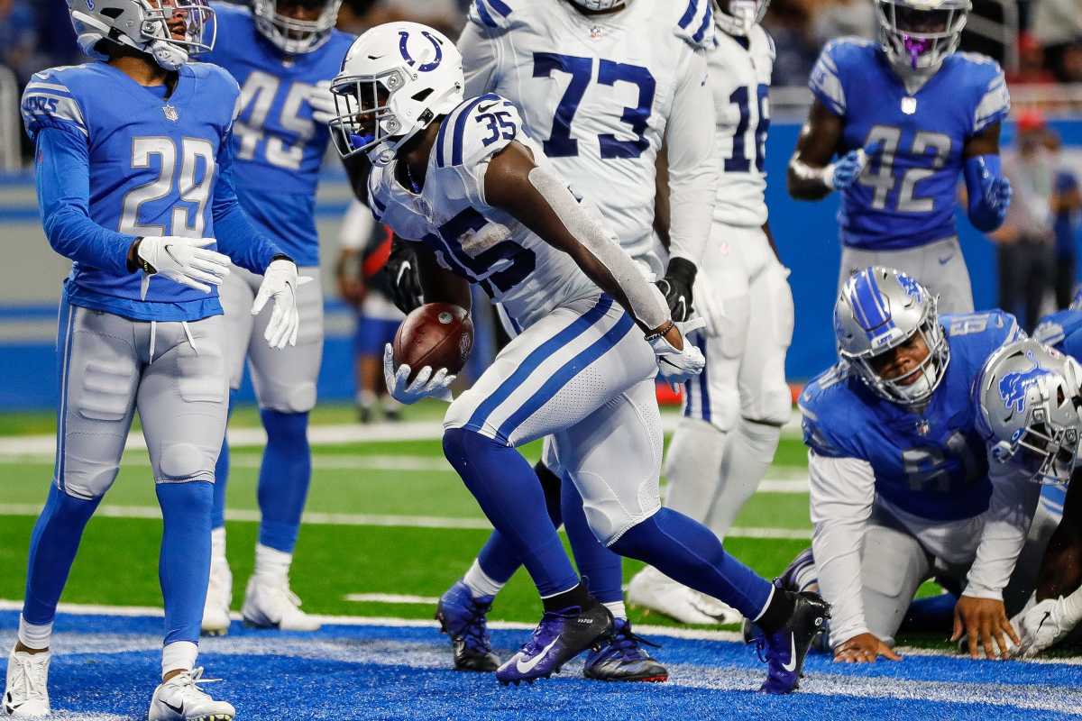 Indianapolis Colts running back Deon Jackson (35) scores a touchdown against the Detroit Lions during the second half of a preseason game at Ford Field in Detroit on Friday, Aug. 27, 2021.