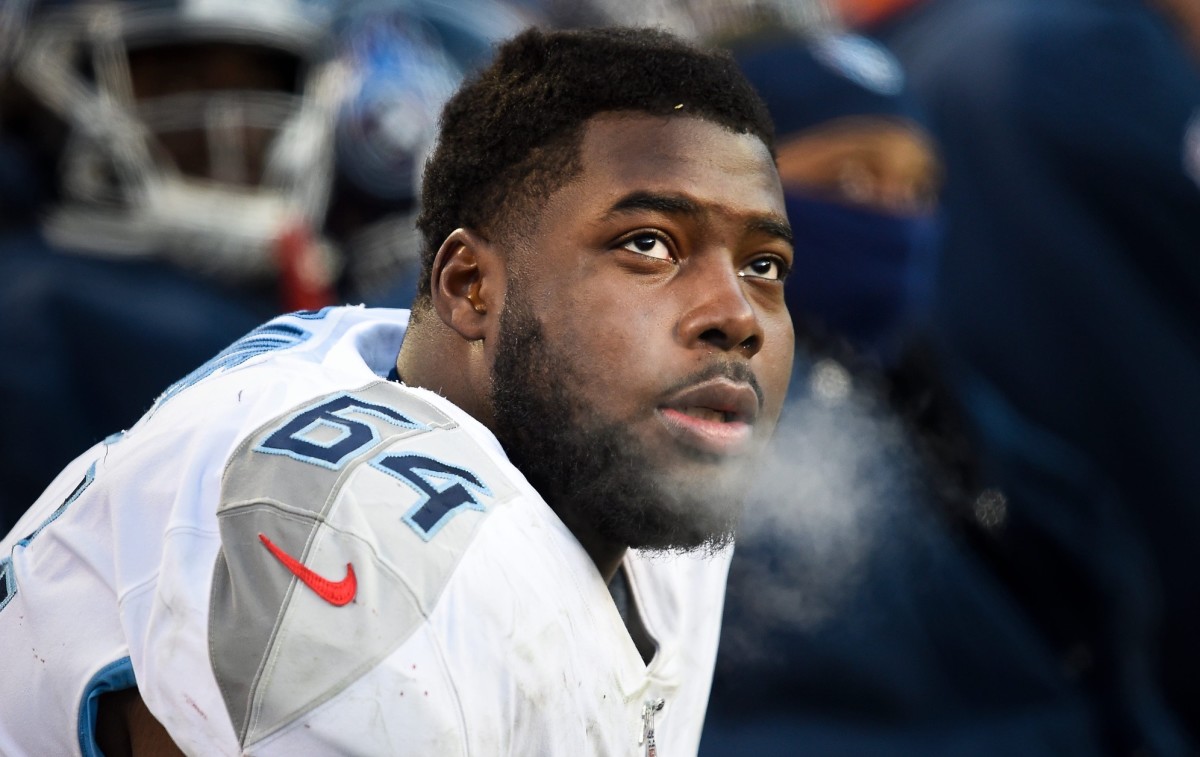 Tennessee Titans offensive guard Nate Davis (64) sits on the bench during the fourth quarter of the AFC Championship game against the Kansas City Chiefs at Arrowhead Stadium Sunday, Jan. 19, 2020 in Kansas City, Mo.