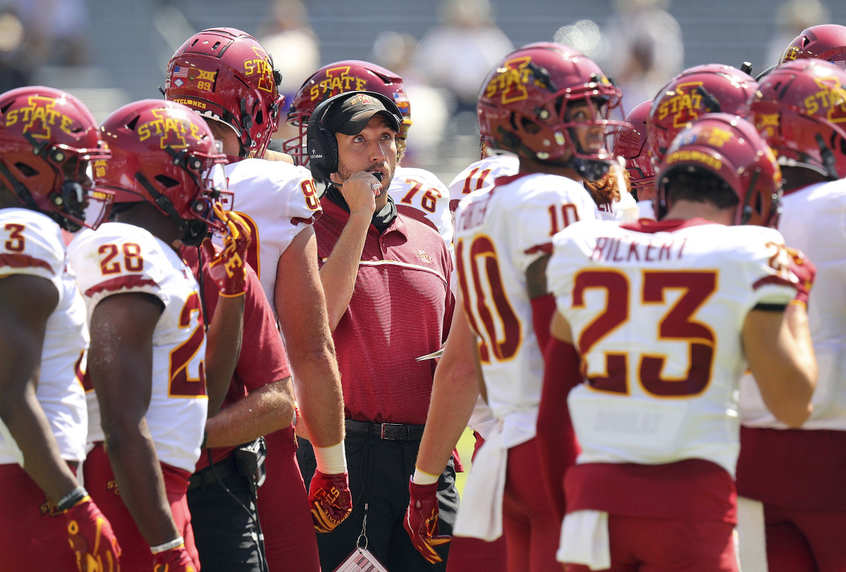 Iowa State football in the huddle with Matt Campbell