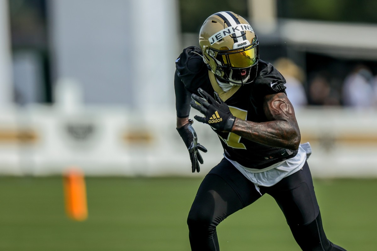 New Orleans Saints strong safety Malcolm Jenkins (27) performs drills during a training camp session. Mandatory Credit: Stephen Lew-USA TODAY Sports
