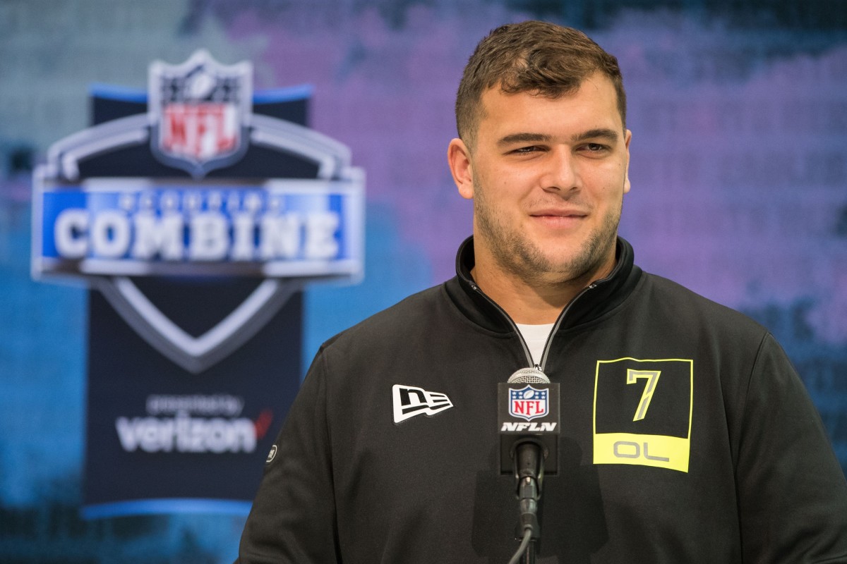 Feb 26, 2020; Indianapolis, Indiana, USA; Michigan offensive lineman Ben Bredeson (OL07) speaks to the media during the 2020 NFL Combine in the Indianapolis Convention Center.