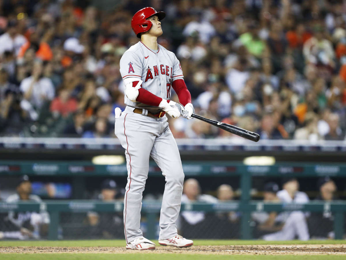 Aug 18, 2021; Detroit, Michigan, USA; Los Angeles Angels starting pitcher Shohei Ohtani (17) watches his home run during the eighth inning against the Detroit Tigers at Comerica Park.