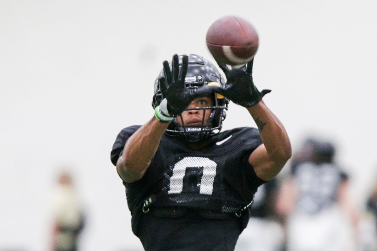 Purdue wide receiver Milton Wright catches a pass during practice, Thursday, Aug. 12, 2021 at Mollenkopf Athletic Center in West Lafayette. (Nikos Frazier / Journal & Courier via Imagn Content Services, LLC)