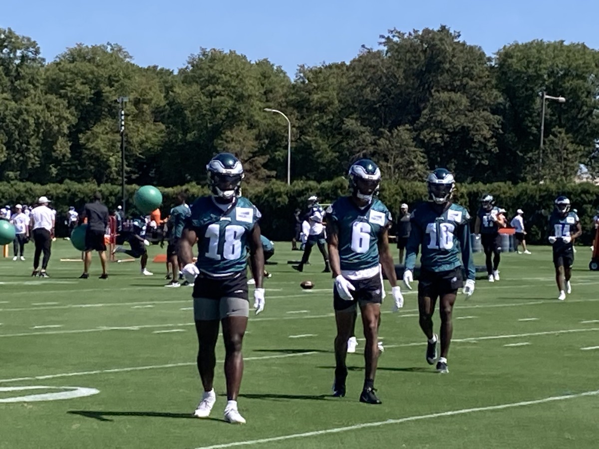From left to right, Eagles WRs Jalen Reagor, DeVonta Smith, and Quez Watkins at practice on Sept. 2, 2021
