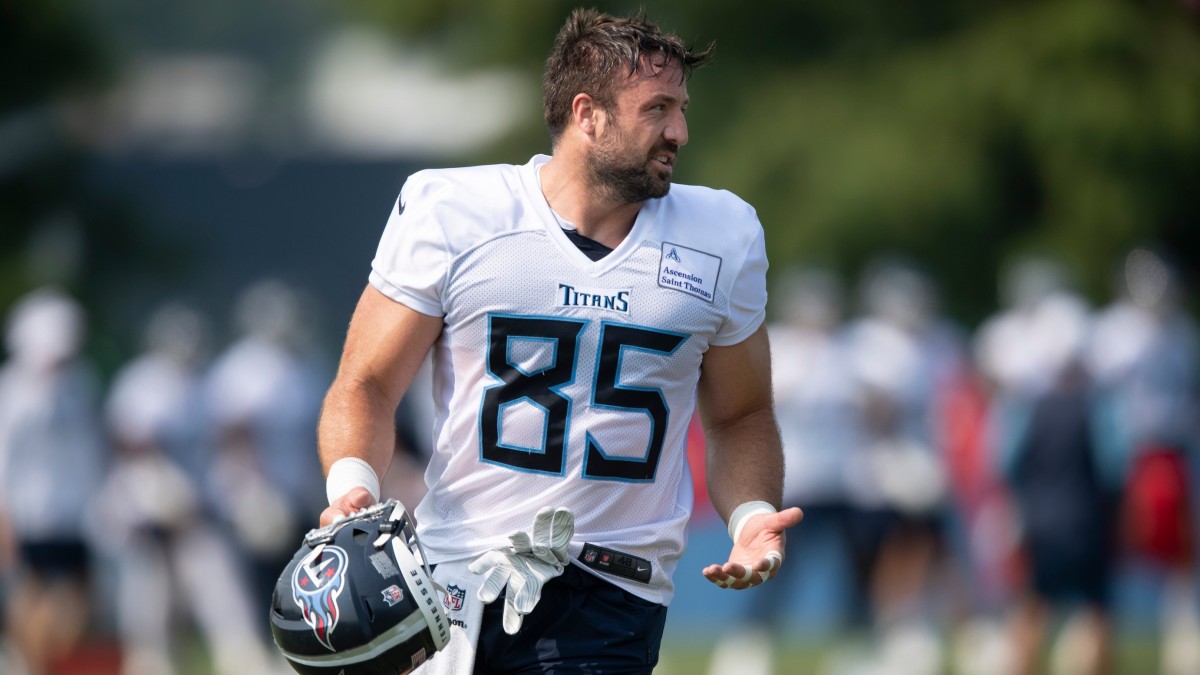 Tennessee Titans tight end Luke Stocker (85) walks to the next drill during a training camp practice at Saint Thomas Sports Park Monday, Aug. 2, 2021 in Nashville, Tenn.