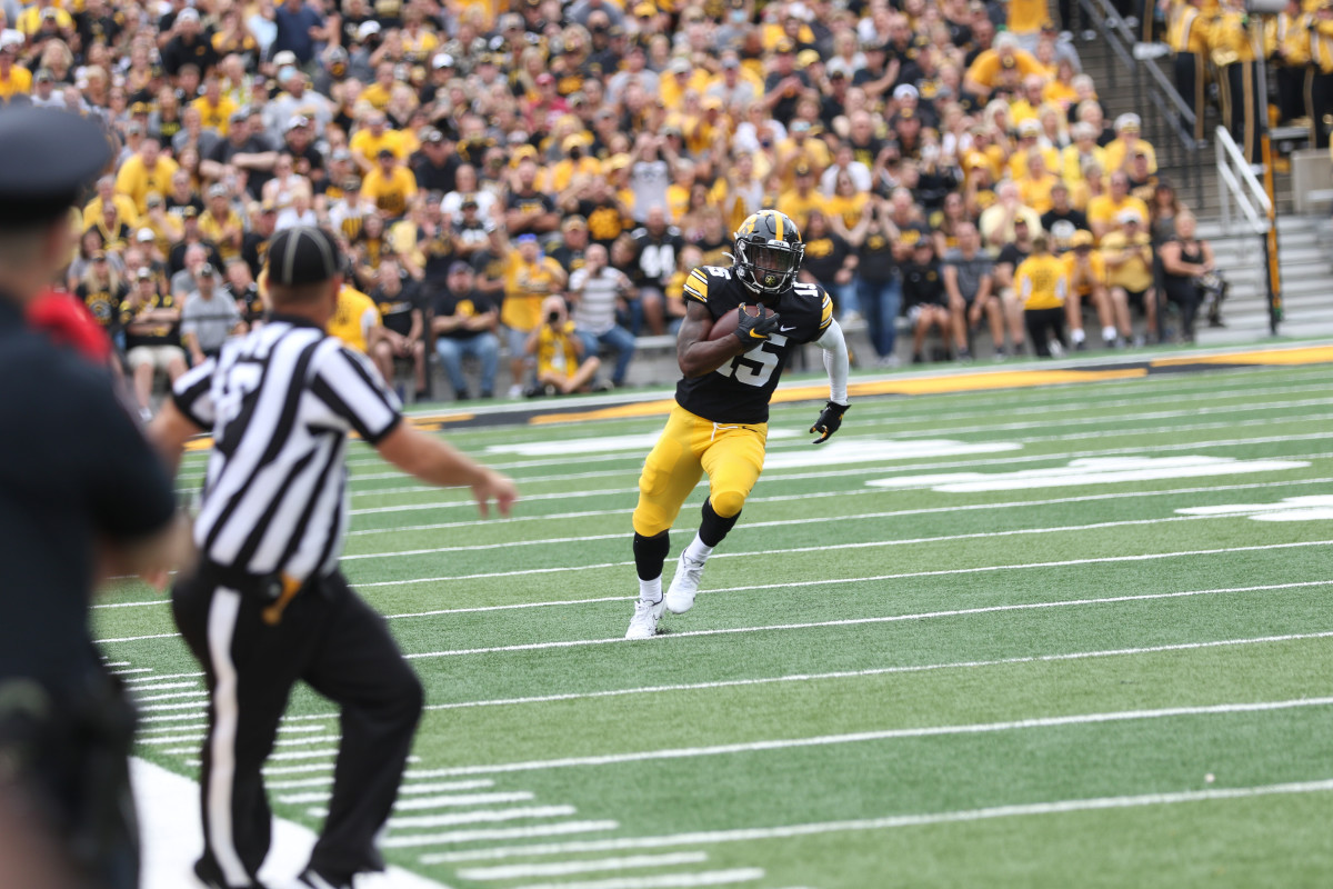Iowa running back Tyler Goodson breaks free down the sideline during a game against Indiana on Sept. 4, 2021 at Kinnick Stadium.