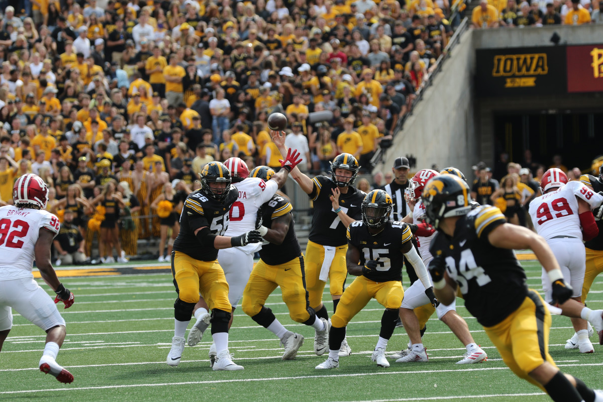 Iowa quarterback Spencer Petras (7) throws a pass against Indiana during a game on Sept. 4, 2021 at Kinnick Stadium.