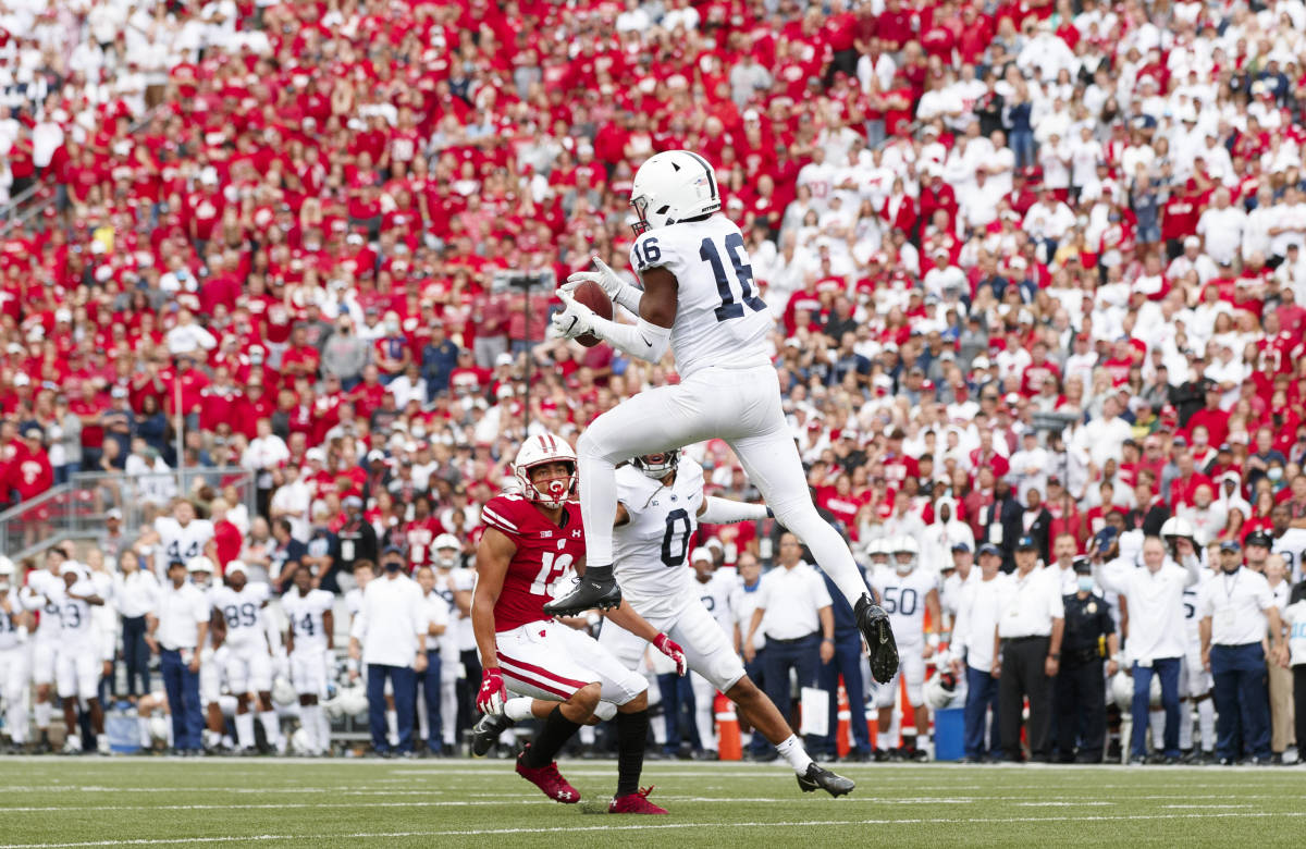 Penn State safety Ji'Ayir Brown intercepts a fourth-quarter pass to seal his team's 16-10 win over Wisconsin (Jeff Hanisch/USA Today Sports)